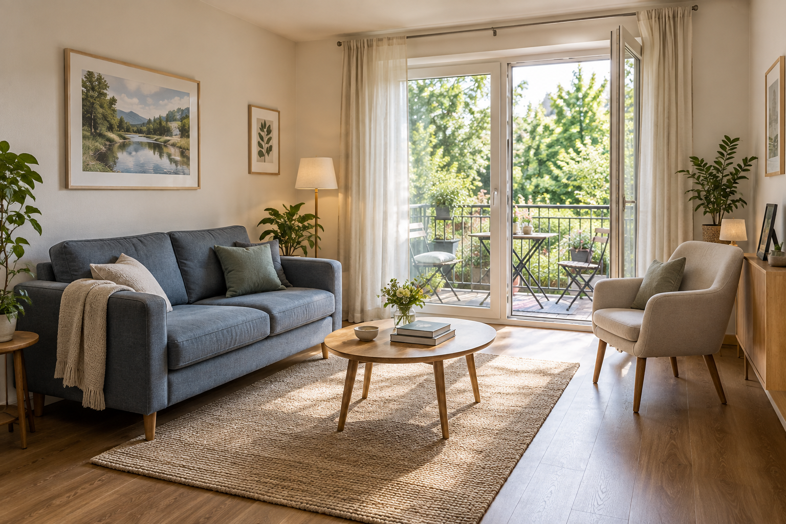 Wohnraum mit vollständigem Sofa und Sessel sowie offener Balkontür mit Blick ins Grüne